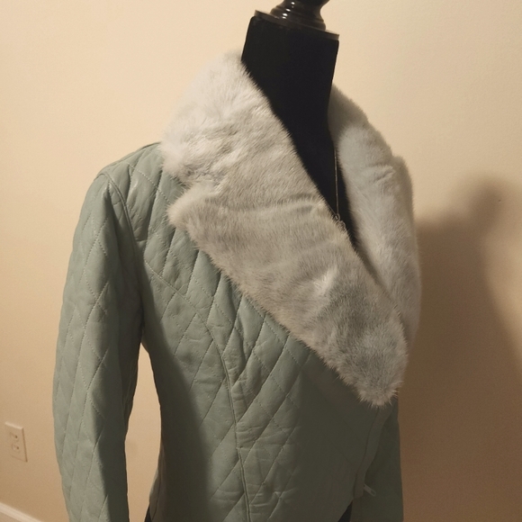 Blue leather jacket w fur n mini skirt